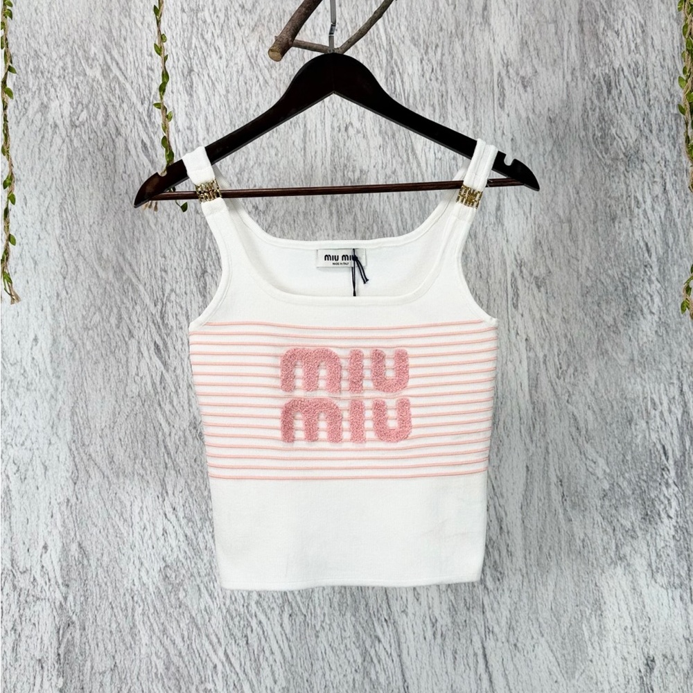 Miu Miu White Tank Top with Pink Striped Bodice and Embroidered Logo